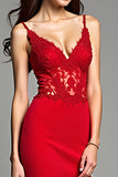 Red Spaghetti Straps Mermaid Appliqued Long Prom Dress