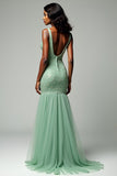 Dusty Sage Mermaid Spaghetti Straps Lace Long Prom Dress