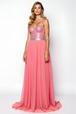 Sparkly Watermelon Spaghetti Straps Corset Long Prom Dress With Sequin