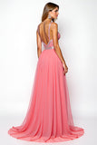 Sparkly Watermelon Spaghetti Straps Corset Long Prom Dress With Sequin