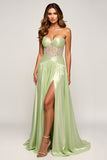 Sparkly Sage Sweetheart Sequined Long Prom Dress With Slit