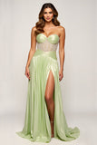 Sparkly Sage Sweetheart Sequined Long Prom Dress With Slit