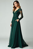 Pine A Line V Neck Lace Long Prom Dress with Long Sleeves