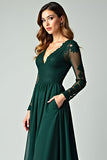 Pine A Line V Neck Lace Long Prom Dress with Long Sleeves