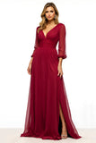 Burgundy Sheath Deep V Neck Long Sleeves Mother of the Bride Dress with Slit