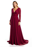 Burgundy A Line Chiffon Long Sleeve Mother of the Bride Dress