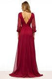 Burgundy Sheath Deep V Neck Long Sleeves Mother of the Bride Dress with Slit