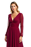 Burgundy A Line Chiffon Long Sleeve Mother of the Bride Dress