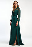 Pine Sheath Deep V Neck Long Sleeves Mother of the Bride Dress with Slit