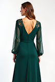 Pine Sheath Deep V Neck Long Sleeves Mother of the Bride Dress with Slit