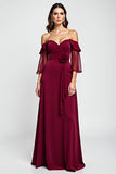 Burgundy Sheath Off the Shoulder Chiffon Mother of the Bride Dress with 3D Flower