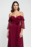 Burgundy Sheath Off the Shoulder Chiffon Mother of the Bride Dress with 3D Flower