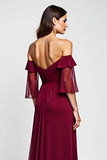 Burgundy Sheath Off the Shoulder Chiffon Mother of the Bride Dress with 3D Flower