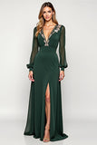 Pine Sheath Deep V Neck Long Sleeves Mother of the Bride Dress with Appliques