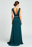 Peacock Sheath Wrap V Neck Chiffon Long Mother of the Bride Dress with Beading