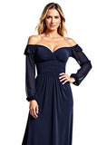 Navy Sheath Off the Shoulder Long Sleeves Chiffon Mother of the Bride Dress