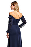 Navy Sheath Off the Shoulder Long Sleeves Chiffon Mother of the Bride Dress