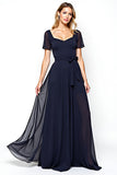 Navy Square Neck Short Sleeves A-Line Chiffon Long Mother of the Bride Dress