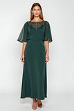 Pine Sheath Scoop Half Sleeves Chiffon Mother of the Bride Dress with Appliques