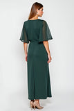 Pine Sheath Scoop Half Sleeves Chiffon Mother of the Bride Dress with Appliques