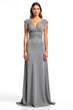 Silver Sheath V-Neck Cap Sleeves Ruched Long Mother of the Bride Dress