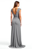 Silver Sheath V-Neck Cap Sleeves Ruched Long Mother of the Bride Dress