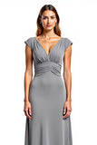 Silver Sheath V-Neck Cap Sleeves Ruched Long Mother of the Bride Dress