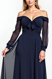 Navy Sheath Off the Shoulder Chiffon Long Mother of the Bride Dress with Bow