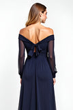 Navy Sheath Off the Shoulder Chiffon Long Mother of the Bride Dress with Bow