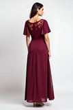 Burgundy Sheath Ruffle Sleeves Laced Chiffon Long Mother of the Bride Dress with Slit