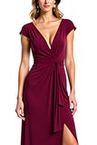 Burgundy Sheath V-Neck Cap Sleeves Ruched Long Mother of the Bride Dress with Slit