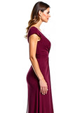 Burgundy Sheath V-Neck Cap Sleeves Ruched Long Mother of the Bride Dress with Slit