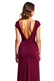 Burgundy Sheath V-Neck Cap Sleeves Ruched Long Mother of the Bride Dress with Slit