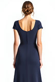 Navy Sheath Square Neck Short Sleeves Long Mother of the Bride Dress with Bow