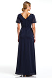 Navy Sheath V-Neck Short Sleeves Chiffon Long Mother of the Bride Dress