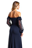 Navy Sheath Ruffle Off the Shoulder Chiffon Mother of the Bride Dress with Long Sleeves