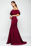 Burgundy Mermaid Ruffle Off the Shoulder Satin Long Formal Dress with Lace