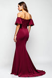 Burgundy Mermaid Ruffle Off the Shoulder Satin Long Formal Dress with Lace