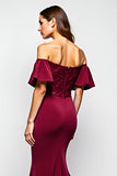 Burgundy Mermaid Ruffle Off the Shoulder Satin Long Formal Dress with Lace