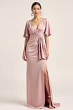 Dusty Rose V-Neck Satin Half Sleeves Long Bridesmaid Dress with Slit