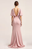 Dusty Rose V-Neck Satin Half Sleeves Long Bridesmaid Dress with Slit