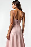 Sparkly Dusty Rose Spaghetti Straps Beaded Long Wedding Guest Dress