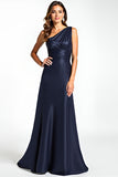 Navy Sheath One Shoulder Pleated Satin Long Mother of the Bride Dress