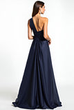 Navy Sheath One Shoulder Pleated Satin Long Mother of the Bride Dress