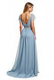 A Line Dusty Blue V-Neck Wedding Guest Dress with Short Sleeves