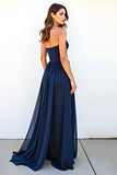 Navy A Line Sweetheart Long Wedding Guest Dress