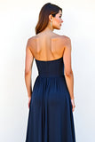 Navy A Line Sweetheart Long Wedding Guest Dress