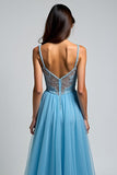 Light Blue A Line Spaghetti Straps Lace Long Wedding Guest Dress With Slit