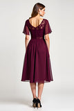 Cabernet A-Line Scoop Ruffle Sleeves Chiffon Knee Length Mother of the Bride Dress with Lace