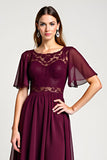 Cabernet A-Line Scoop Ruffle Sleeves Chiffon Knee Length Mother of the Bride Dress with Lace